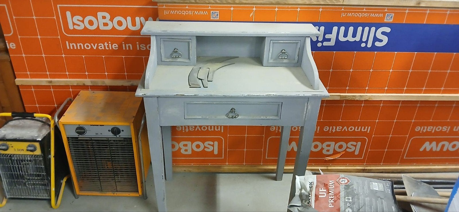 Vintage Secretaire Bureau - Grijs Hout, Met lades, Gebruikt, Hout, Secretaire