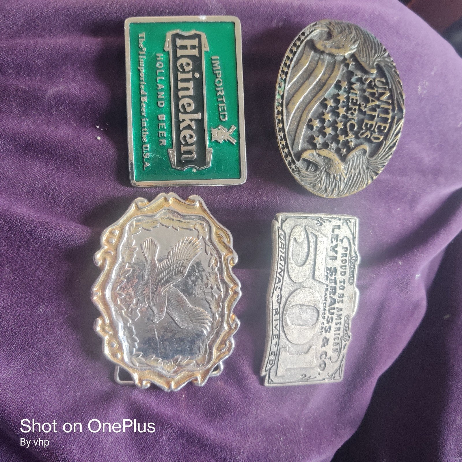 Set van 4 vintage riemgespen: Heineken, USA, Adelaar, Levi's, Verzamelen, Ophalen, Gebruikt