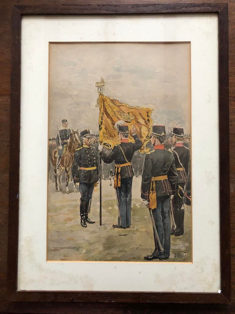 Antieke aquarel 'Eedsaflegging van Officieren' 1899, Antiek en Kunst, Kunst | Schilderijen | Klassiek, Ophalen of Verzenden