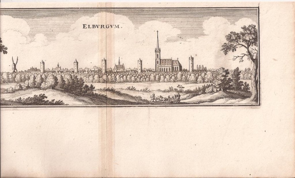 Elburg. "Elburgvm" Aanzicht Merian. 1641, Antiek en Kunst, Kunst | Etsen en Gravures, 10 cm, Stadsgezicht, 1600 - 1699, Ophalen of Verzenden