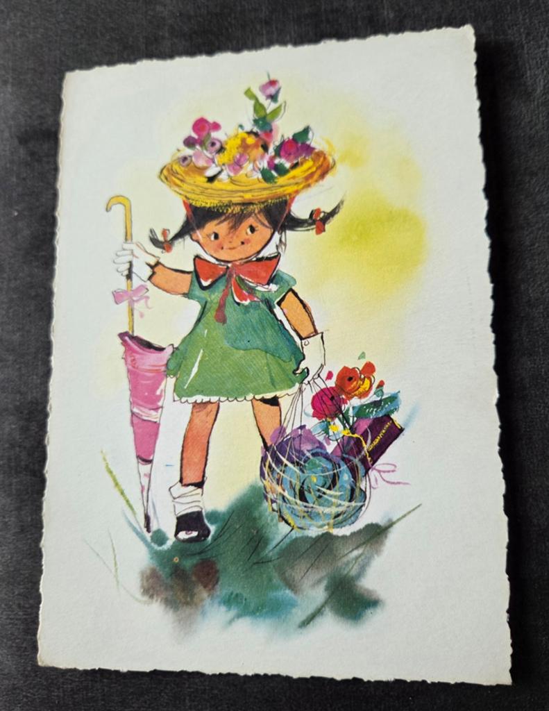 Meisje met mooi hoedje, volle tas en paraplu, Verzenden, 1960 tot 1980, Ongelopen, Kinderen
