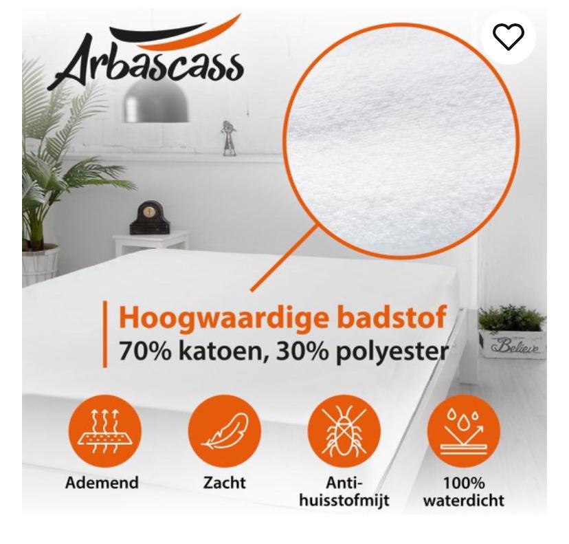 2x Arbascass waterdichte molton hoeslakens 180x200cm, Huis en Inrichting, Slaapkamer | Beddengoed, Ophalen of Verzenden, Wit, Hoeslaken of Sloop