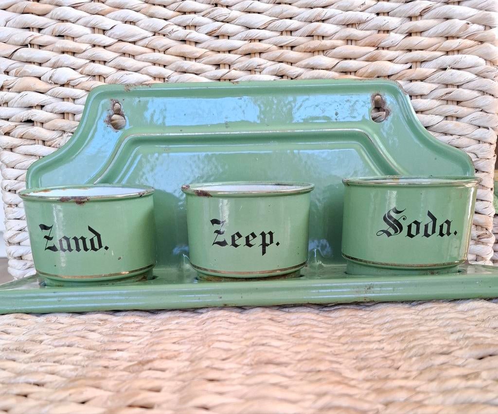 Emaille zand zeep soda zwarte letters gouden bies antiek, Ophalen of Verzenden