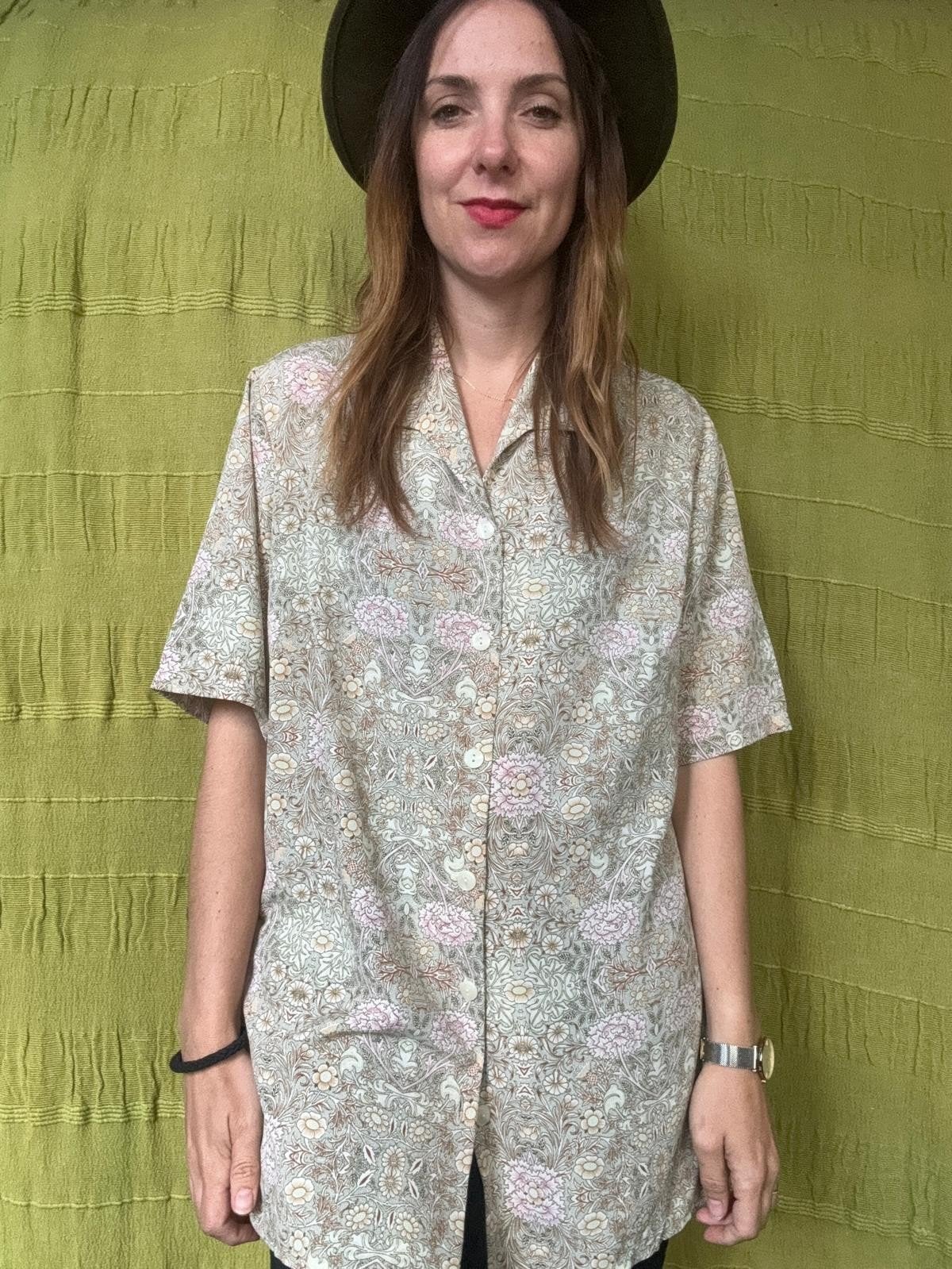 Vintage blouse, maat 48/4XL - patroon - roze & groen - 90's, ., Maat 46/48 (XL) of groter, Ophalen of Verzenden, Vintage