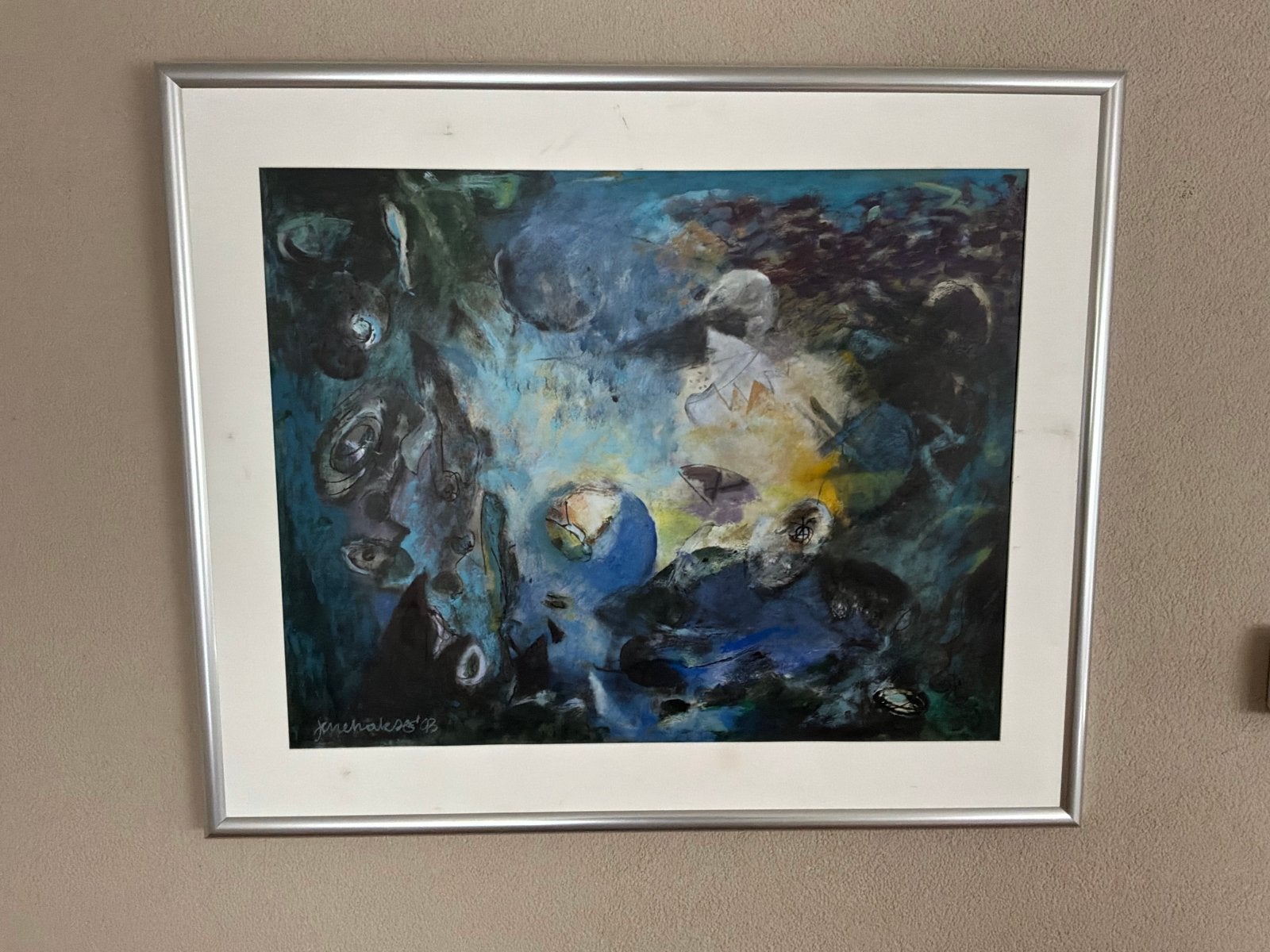 Jerre Hakse - Onder de waterspiegel (Gouache, 70x90 cm), Ophalen, Abstract, Papier, Ingelijst