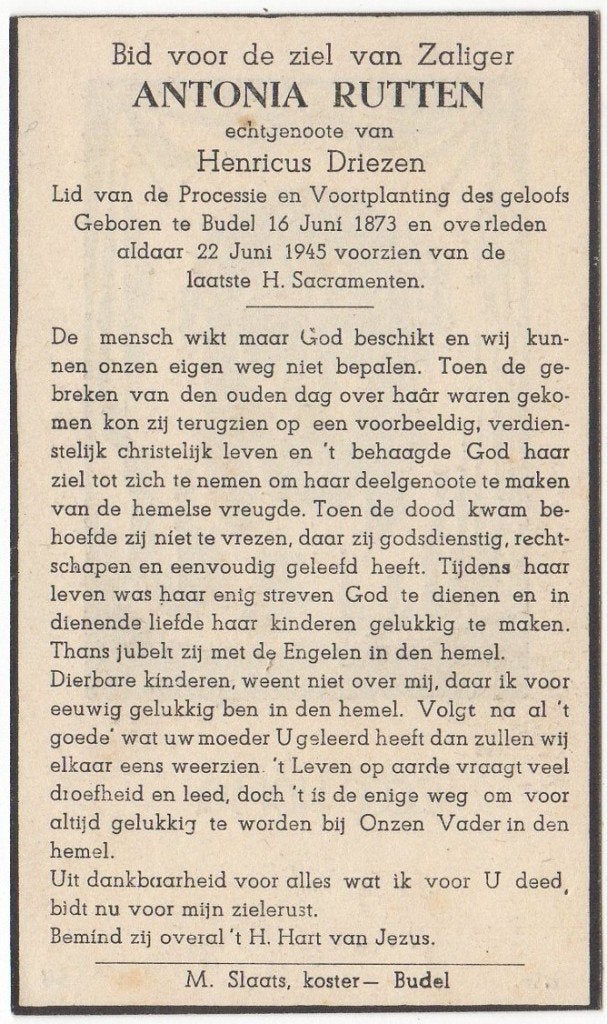 Antonia Rutten 1873 - 1945 Budel, 72 jaar oud, Verzenden