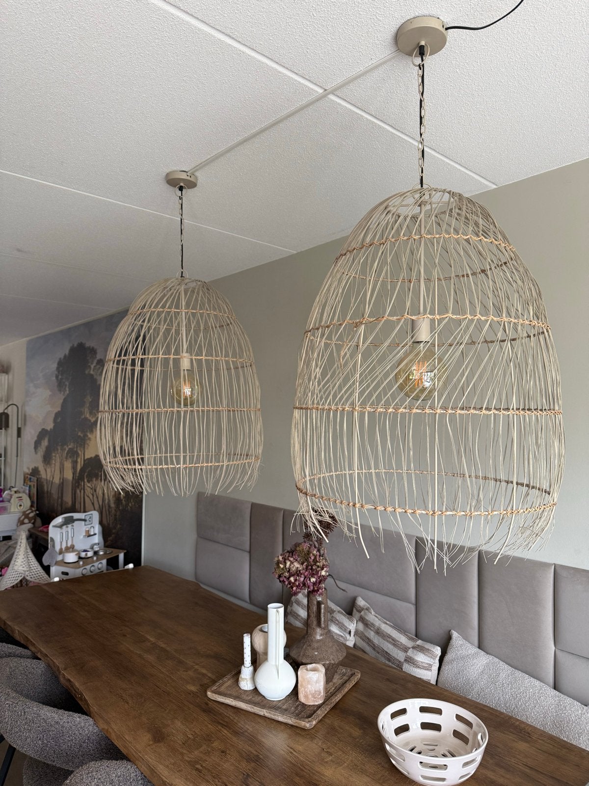 Set van 2 rotan hanglampen - Bohemian stijl, Huis en Inrichting, Ophalen, Gebruikt, Metaal, E27 (groot)