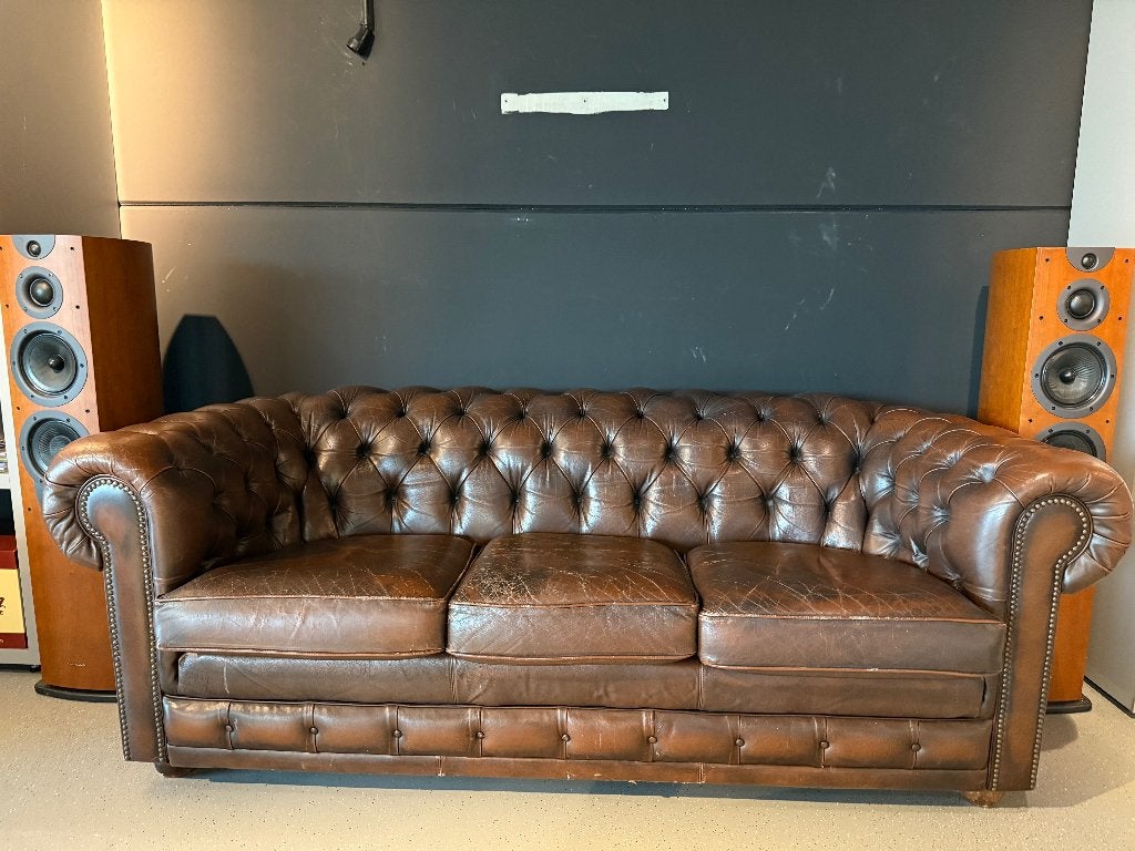 Chesterfield bank 3-zits – bruin leer, vintage patina, Ophalen, Gebruikt, 150 tot 200 cm, Driepersoons