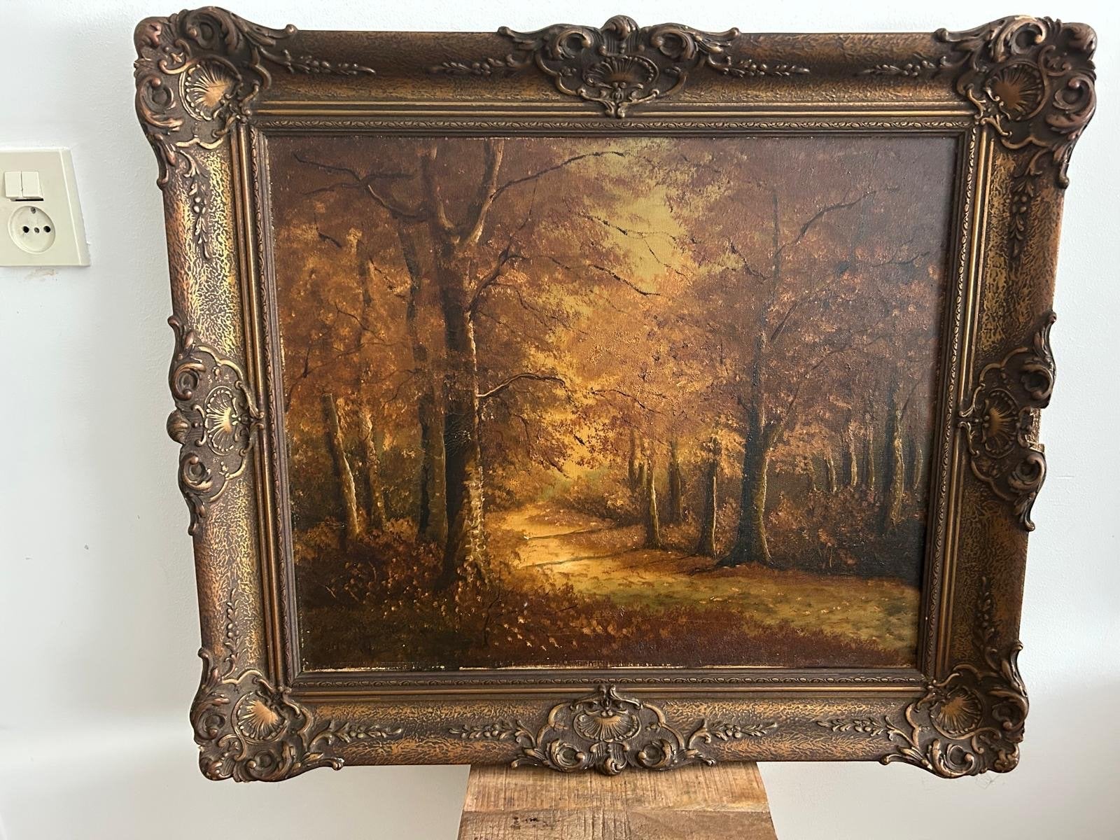 Sfeervol Olieverf Schilderij: Herfstbos met Zonnestraal, Antiek en Kunst, Ophalen, Doek, Realistisch, Landschap