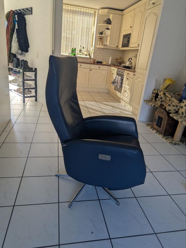 Hjort Knudsen relaxfauteuil - Blauw leer, Huis en Inrichting, Fauteuils, Ophalen, Gebruikt, Modern, Comfort, 75 tot 100 cm