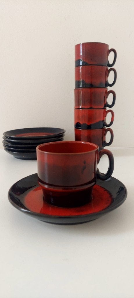 6 Vintage Fat Lava Kop en Schotel Jaren 60/70, Huis en Inrichting, Keuken | Servies, Eu, Overige merken, Nieuw, Overige stijlen