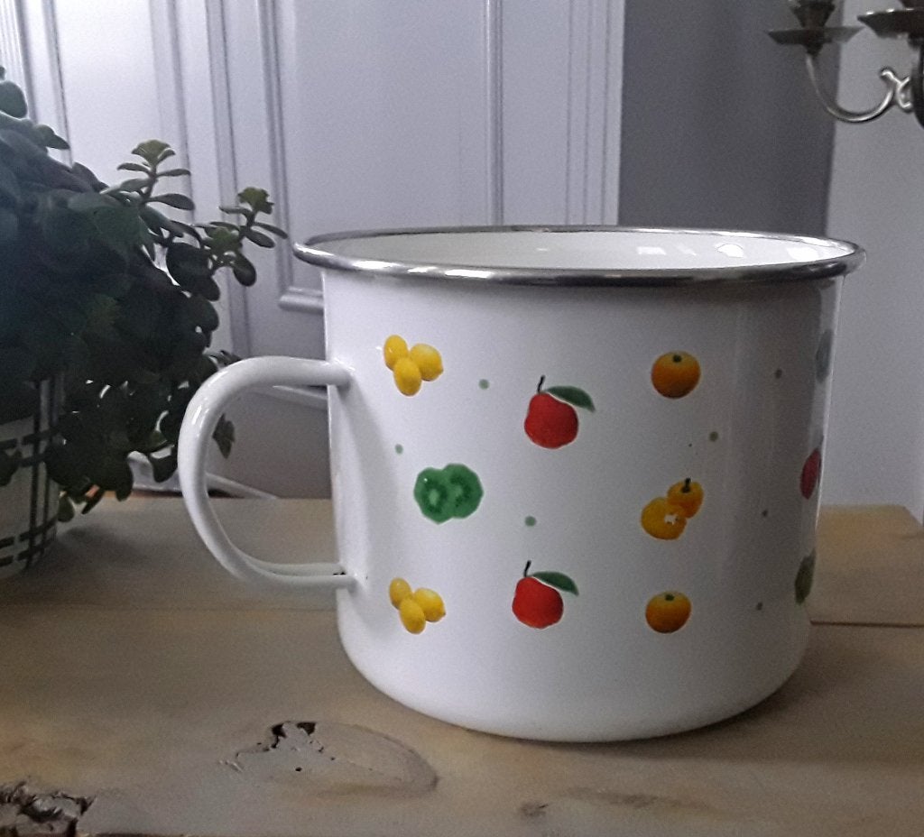 Witte kan - gedecoreerd met fruit en groente, Overige typen, Ophalen of Verzenden, Gebruikt, Metaal