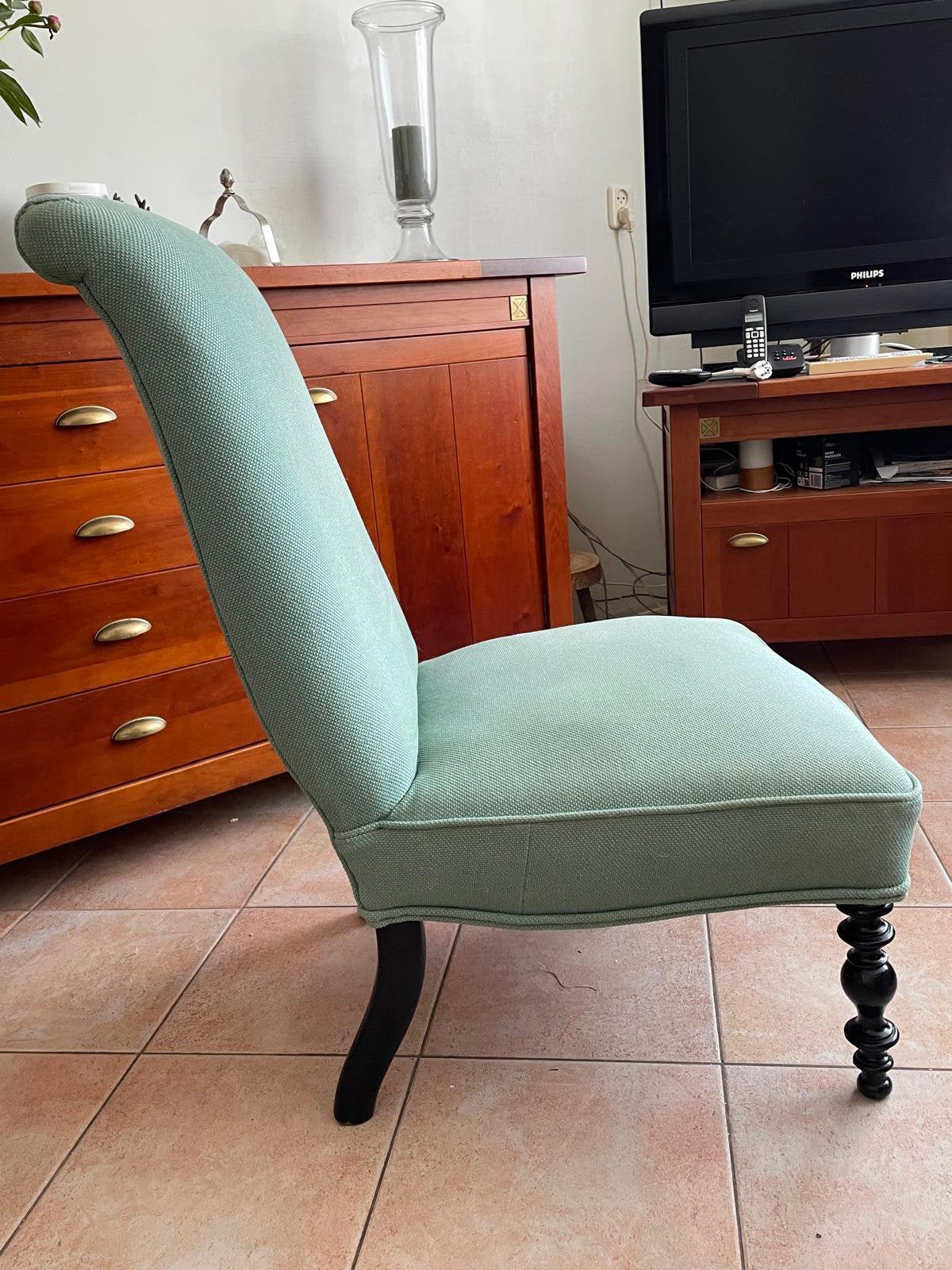 Vintage mintgroene fauteuil / stoel met hoge rugleuning, Ophalen, Gebruikt, Minder dan 75 cm, Stof