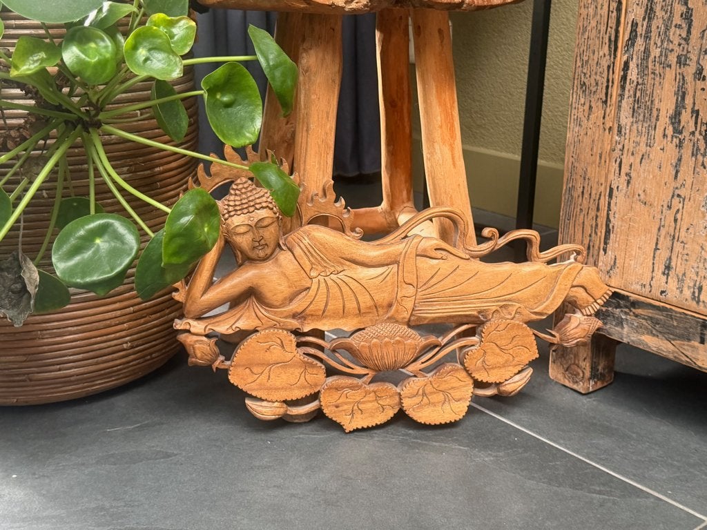 Boeddha houtsnijwerk suarhout slapende boeddha Bali 42 cm, Verburgt Vintage, 25 cm, Ophalen of Verzenden, Hout