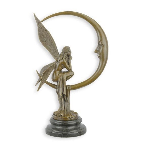 bronzen beeld van een elf op de maan, Antiek en Kunst, Ophalen of Verzenden