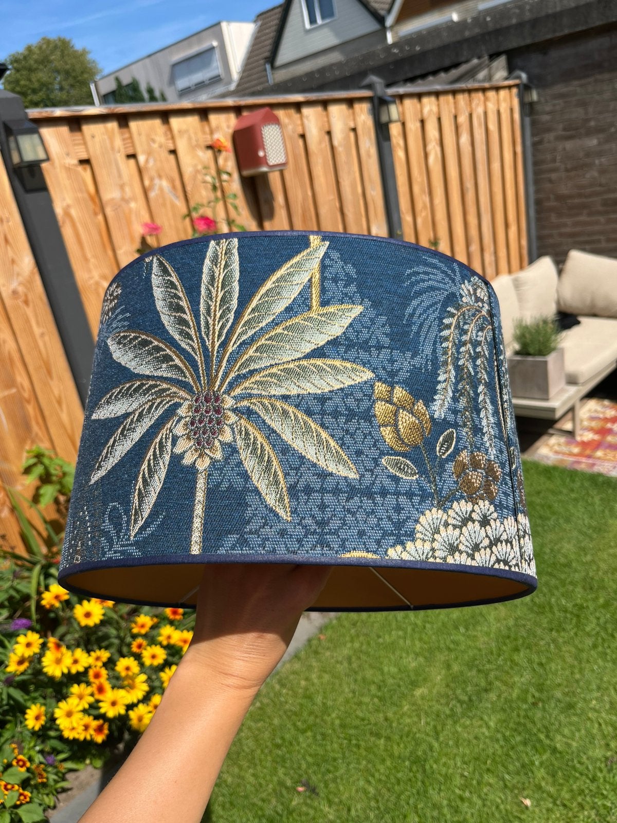 Ovale lampenkap blauw palm goud handgemaakt, Ophalen, Zo goed als nieuw, Blauw, Ovaal