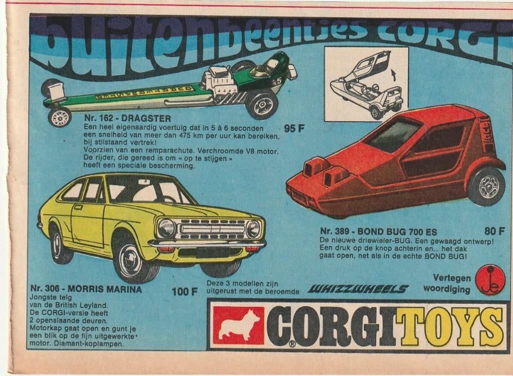 Retro reclame 1971 Corgi Toys speelgoed Bond Bug, Verzenden, Overige typen