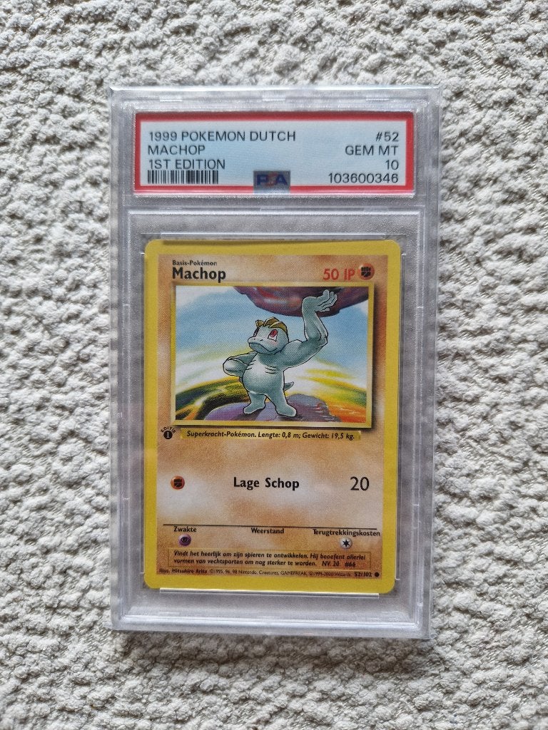 PSA 10 Machop Dutch Base Set 1st Edition Pokémon, Ophalen of Verzenden, Zo goed als nieuw, Losse kaart