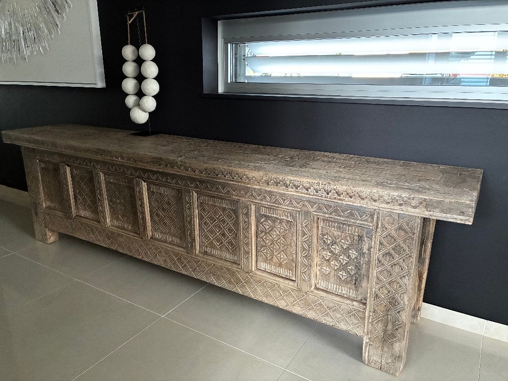 Vintage Oriëntaals/Chinees dressoir met houtsnijwerk, Overige materialen, Gebruikt, Ophalen of Verzenden, 200 cm of meer