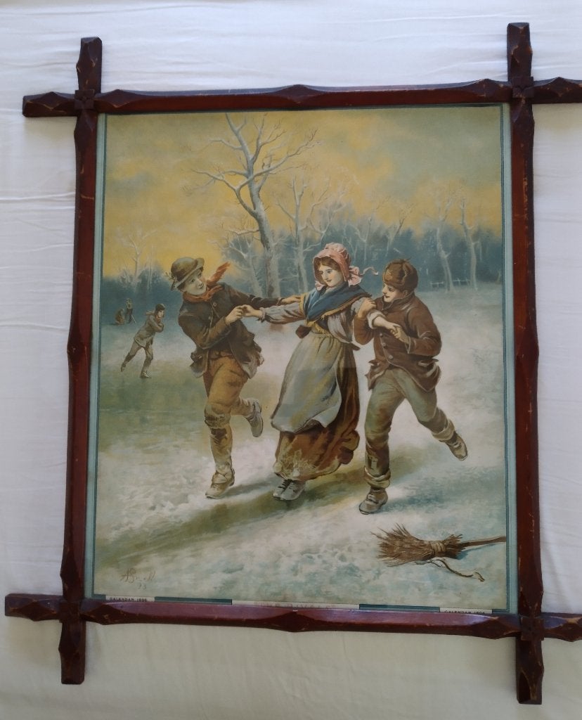 Oude litho van kinderen op het ijs, Schilderij, 44 cm, Papier/karton, Ophalen of Verzenden