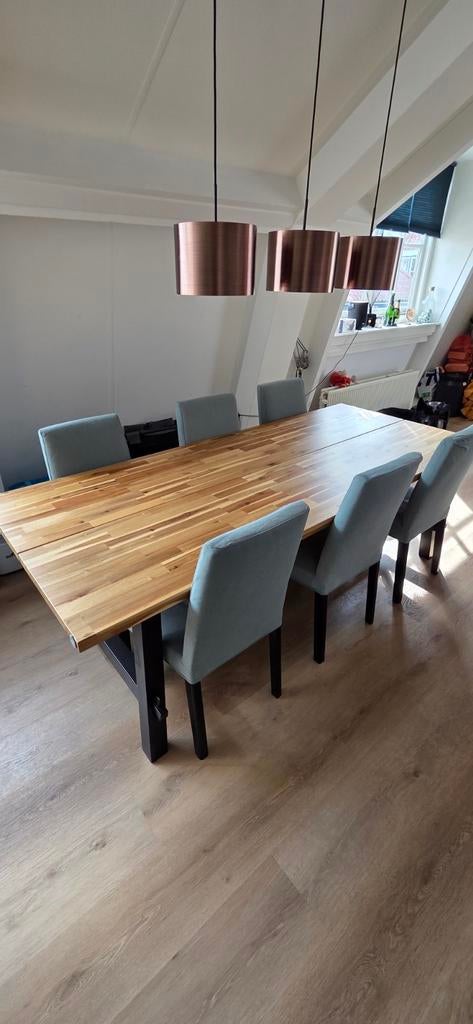 Robuuste eettafel van acaciahout met 6 stoelen, Ophalen, 200 cm of meer, 50 tot 100 cm, Zo goed als nieuw