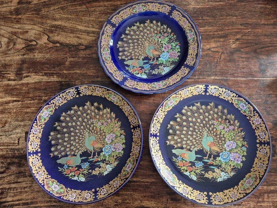 3 Marokko Taous  decoratieve cobaltblauwe pauw borden gaaf, Ophalen of Verzenden