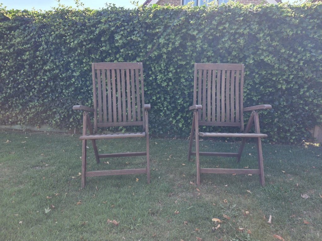 Houten tuinstoelen (2), Tuin en Terras, Tuinstoelen, Ophalen, Gebruikt, Hout, Inklapbaar