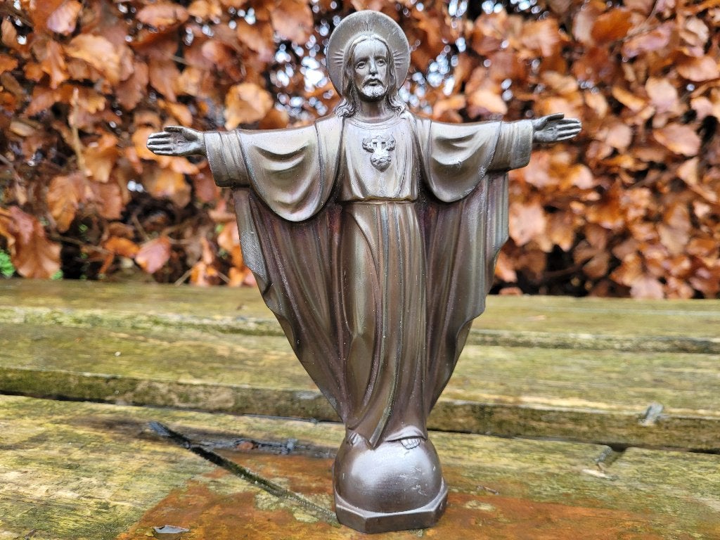 antiek bronzen heilig hart beeld van jezus handgemaakt, Ophalen of Verzenden, Brons