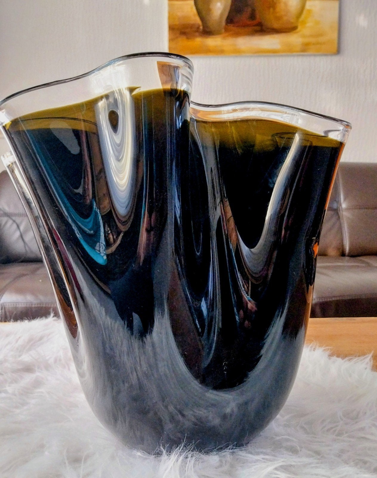 Murano Fazzoletto vaas - Zwart, handgemaakt,, Ophalen