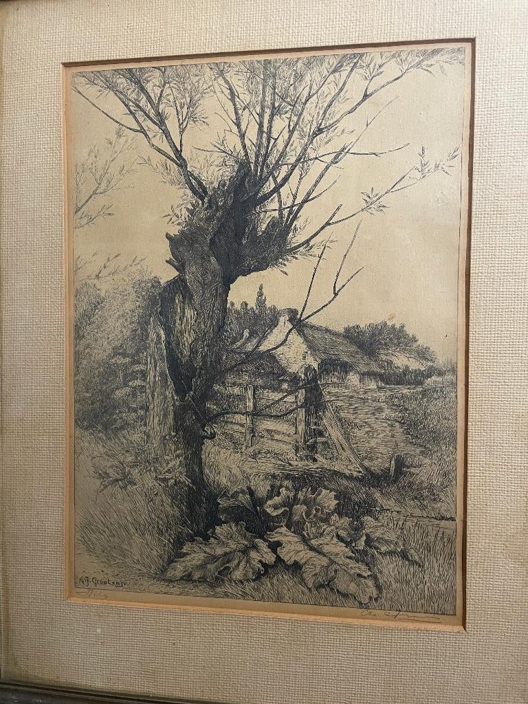 A.J. Grootens (1864-1957) Litho - Knotwilg bij boerderij, Antiek en Kunst, Ophalen of Verzenden