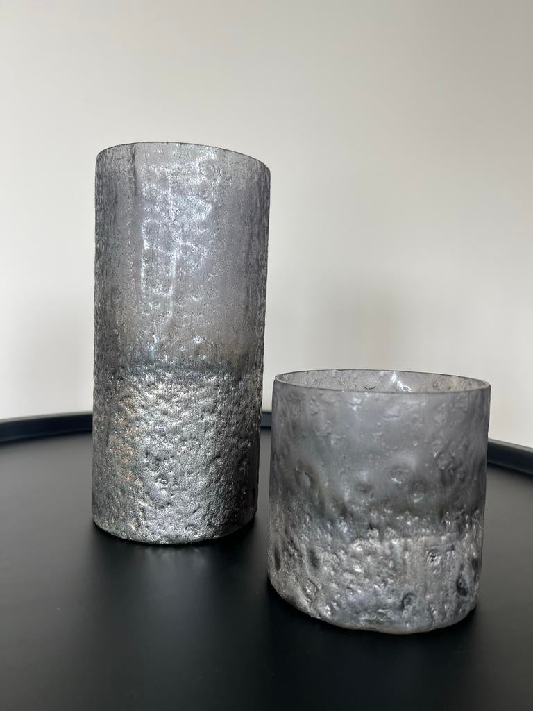 Set van 2 glazen windlichten grijs, Ophalen, Zo goed als nieuw