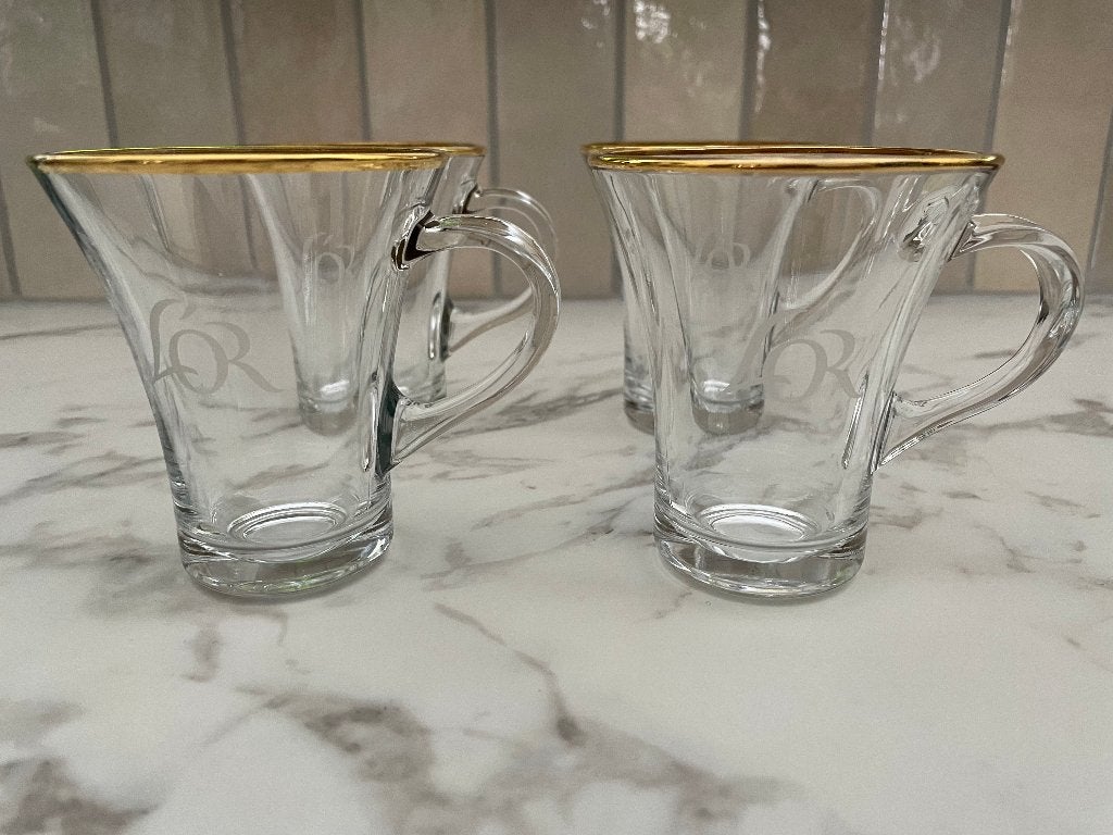 Set van 4 glazen mokken met gouden rand en initialen, Klassiek, Nieuw, Glas, Mok