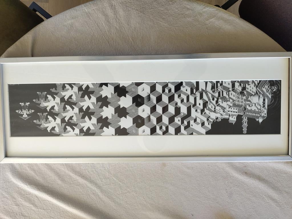 M.C. Escher-achtige print: Optische Illusie Stadsgezicht, Ophalen, Ingelijst, 1950 - 1999, Overige technieken