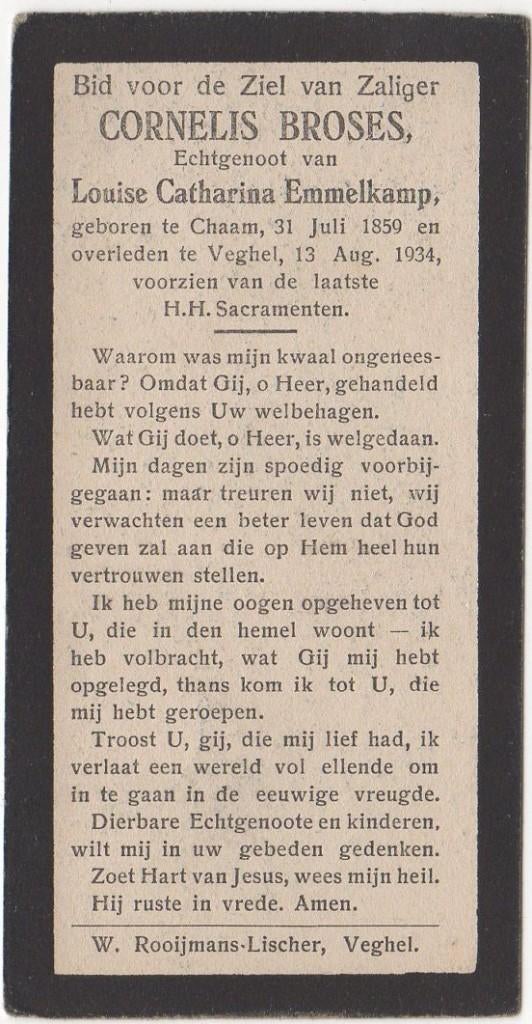 Cornelis Broses 1859 Chaam + 1934 Veghel, 75 jaar oud, Verzenden