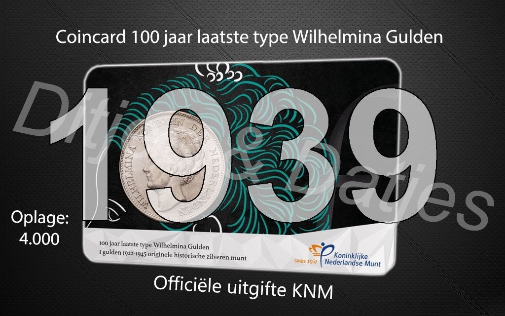 Laatste type Wilhelmina Gulden in coincard KNM 1939, Ophalen of Verzenden, Koningin Wilhelmina, 1 gulden, Zilver