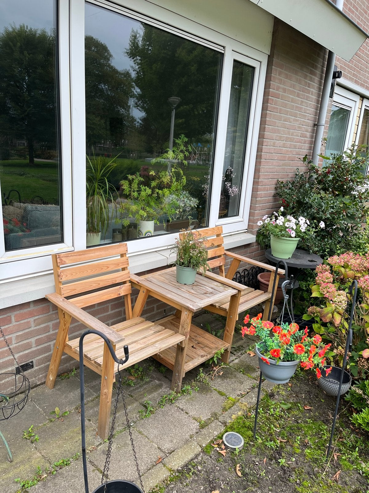 Tere-a-tete Tuinbank met 2 Stoelen en Bijzettafel, Gebruikt, Stoel, Tuinset, Hout