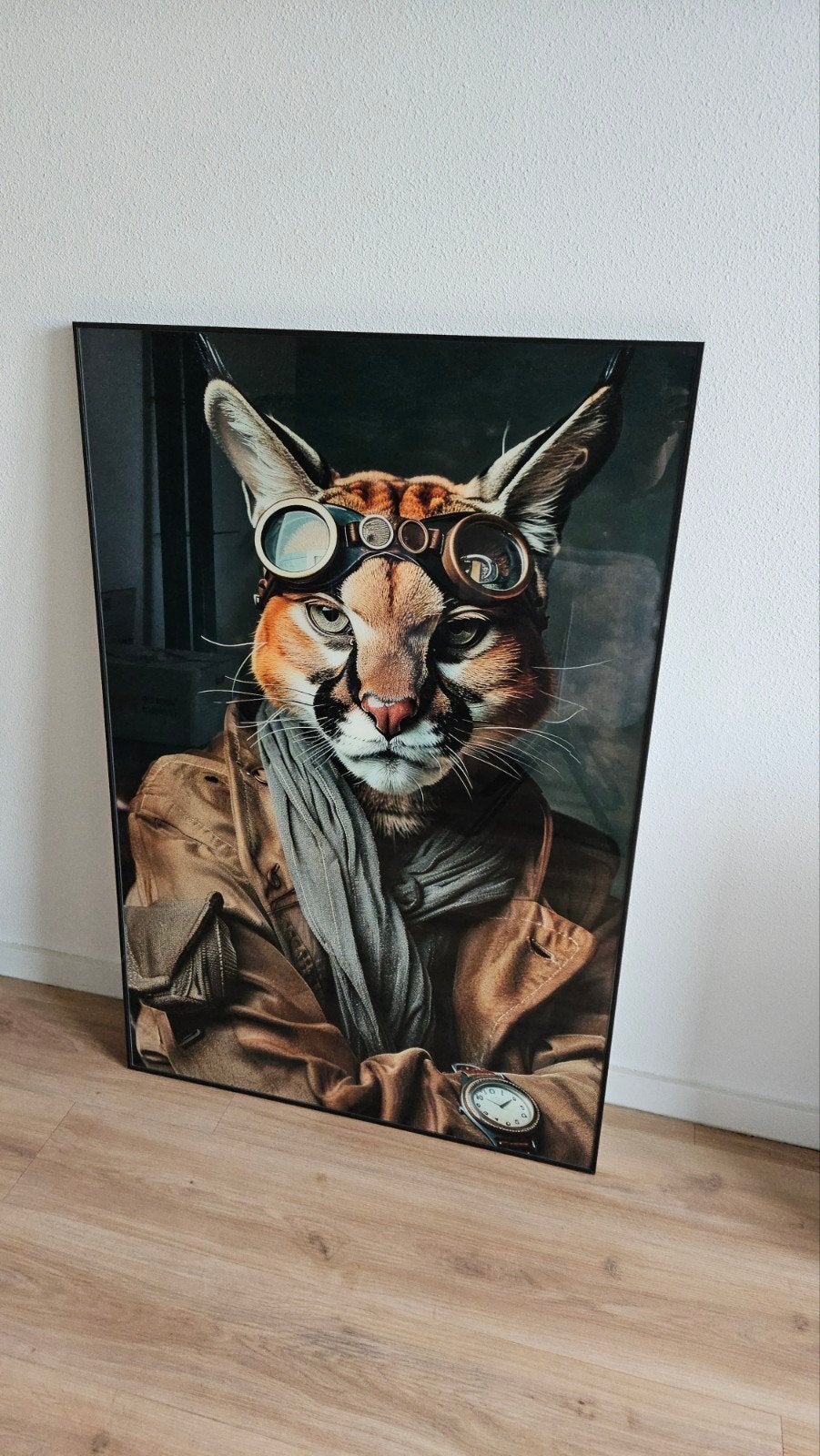 Grote muurschilderij van een caracal met pilotenbril, Ophalen