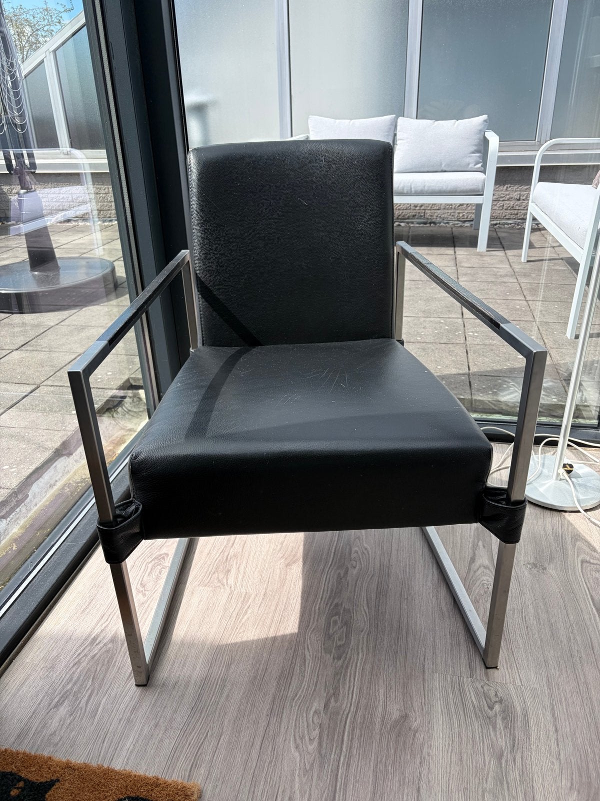 2x Zwarte leren stoel met RVS frame - Bert Plantagie, Ophalen, Gebruikt, Twee, Zwart