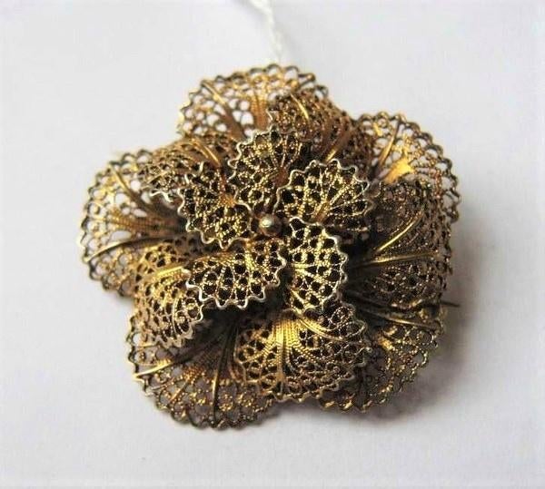 Antieke goud op zilver filigrain broche ca 1900 (5249-1115), Ophalen, Zilver, Broche, Verguld