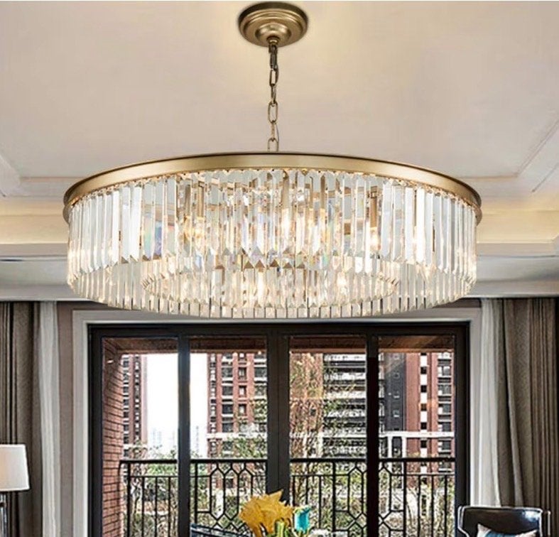 Grote gouden hanglamp 85 cm met glazen hangers, Huis en Inrichting, Lampen | Kroonluchters, Ophalen of Verzenden, Gebruikt, Glas