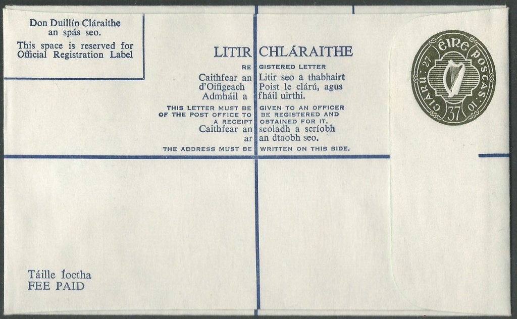 IERLAND 1977 37p. olive-green Registered Envelope, size: G, Verzenden, Ierland, Postfris
