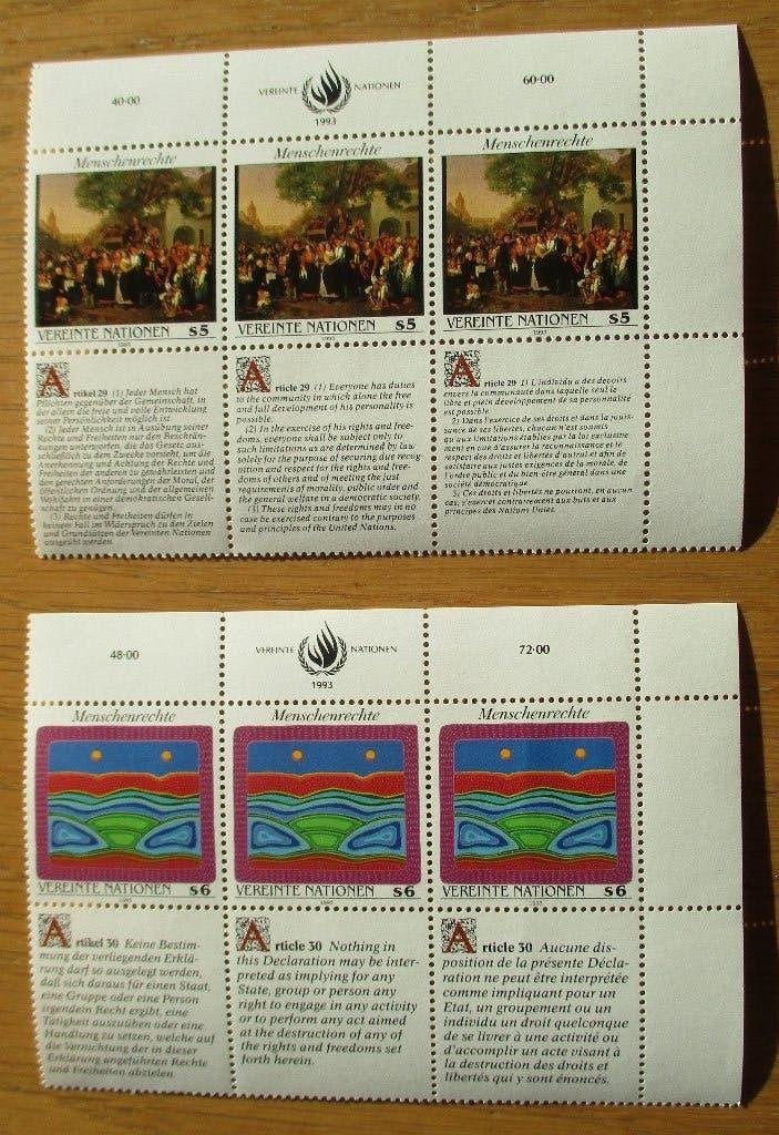 VN Wenen, serie Mensenrechten 1993, siervelden in drie talen, Ophalen of Verzenden, Overige landen, Postfris