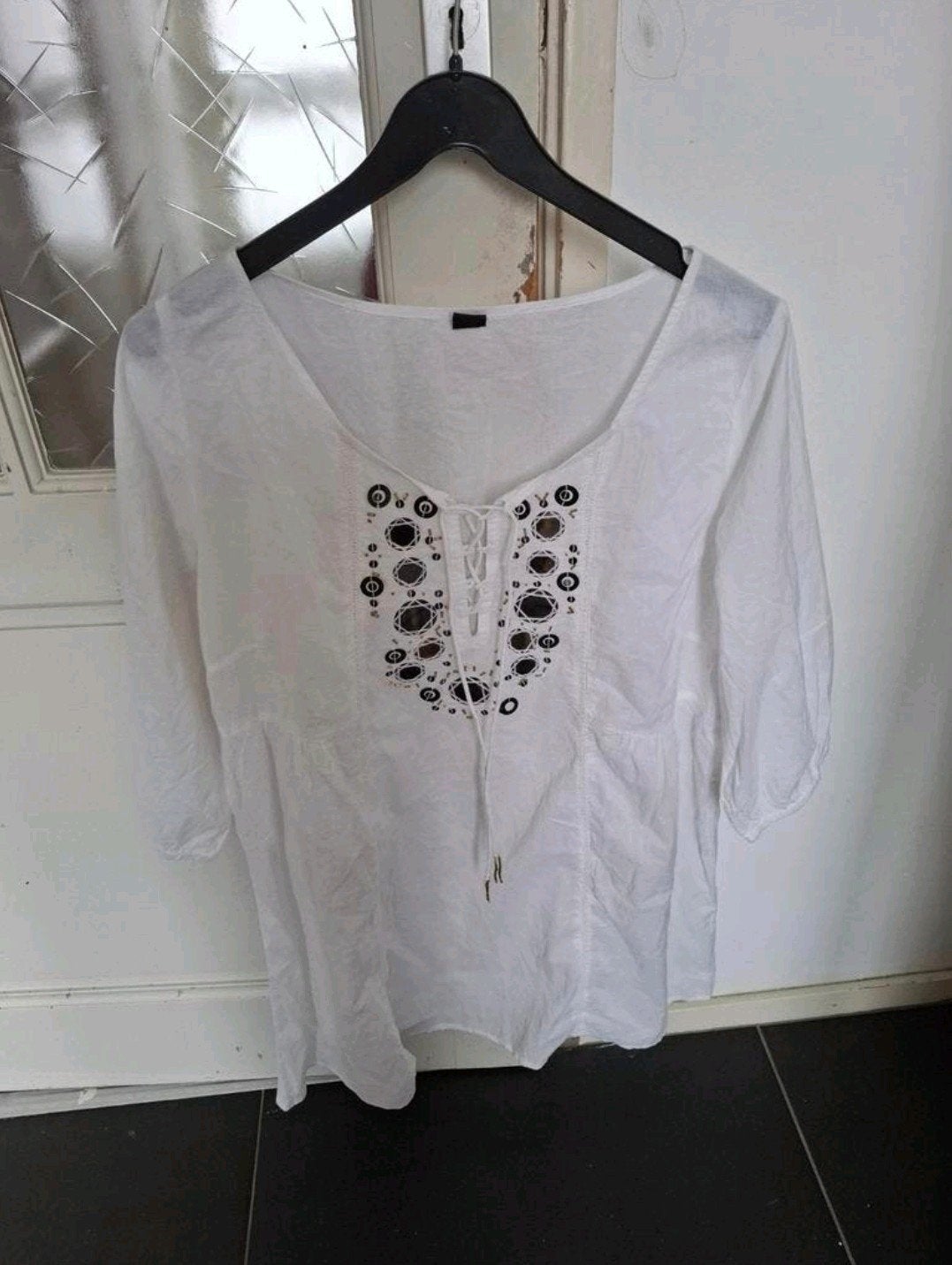 M&S Witte Boho Blouse Maat 42 - 100% Katoen, Wit, Maat 42/44 (L), Ophalen of Verzenden, Zo goed als nieuw