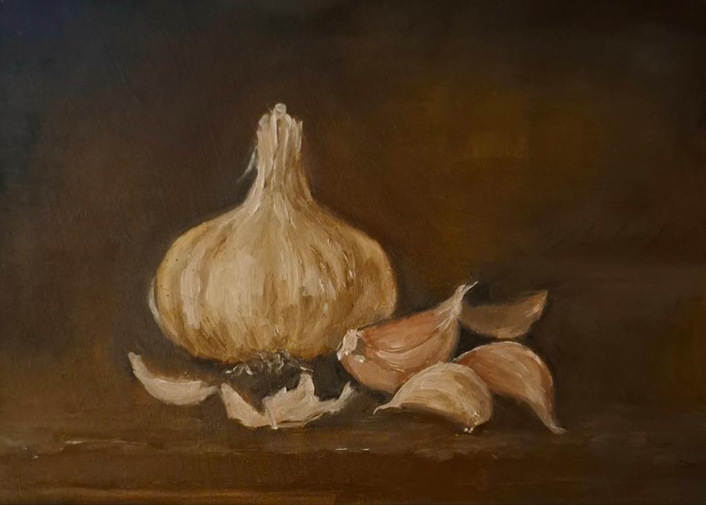 Schilderij knoflook, olieverf op hout, Ophalen of Verzenden