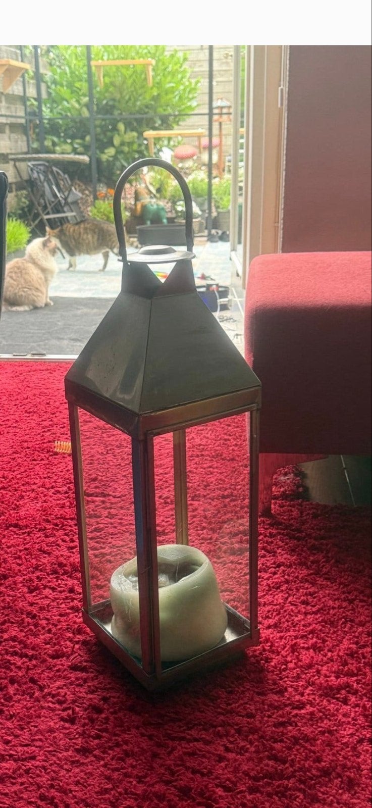 Metalen lantaarn met glazen panelen, Antiek en Kunst, Ophalen of Verzenden