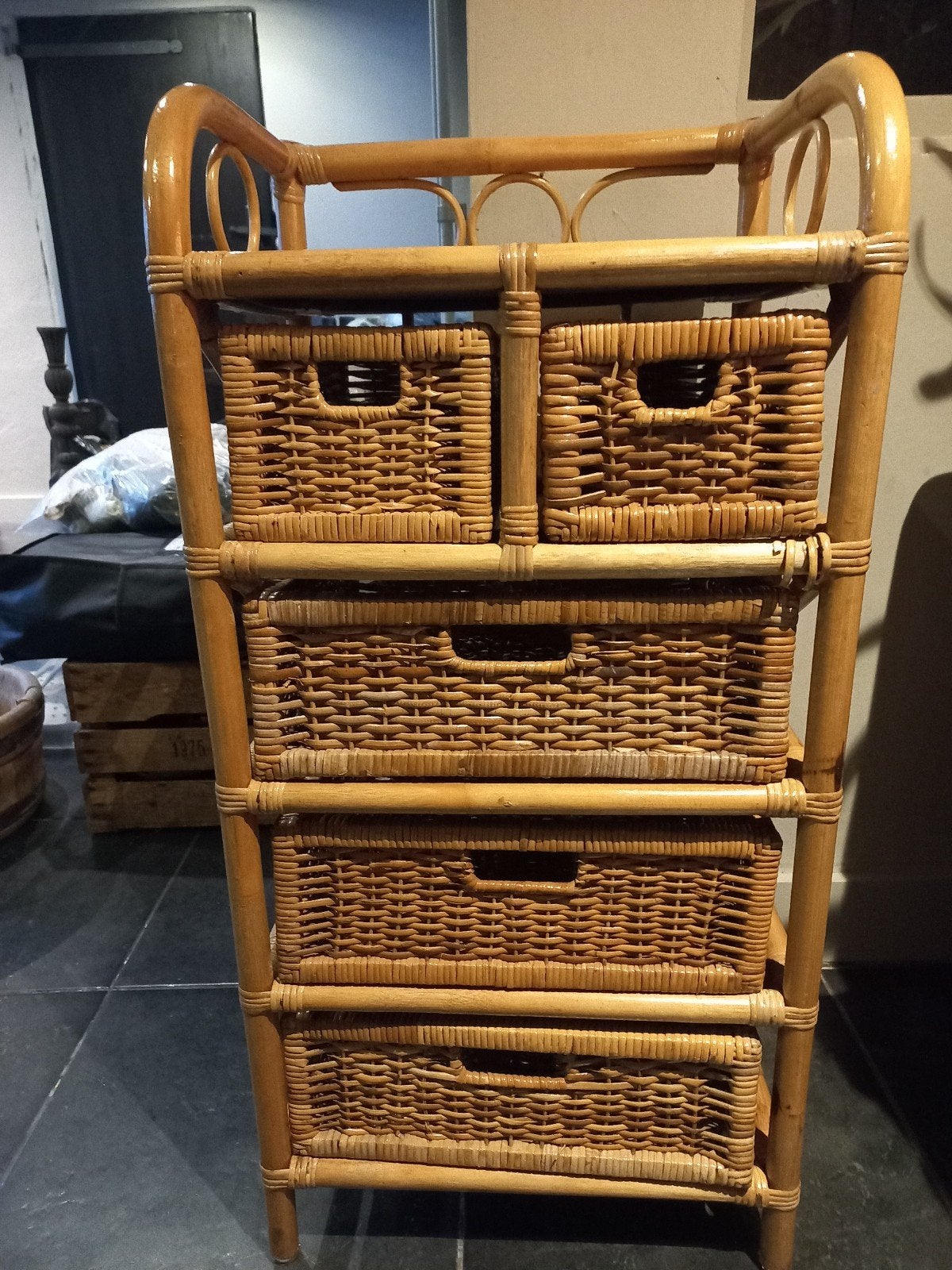 Rotan ladekastje met 5 rieten manden, Bohemian, Landelijk, Minder dan 50 cm, Gebruikt, Overige materialen