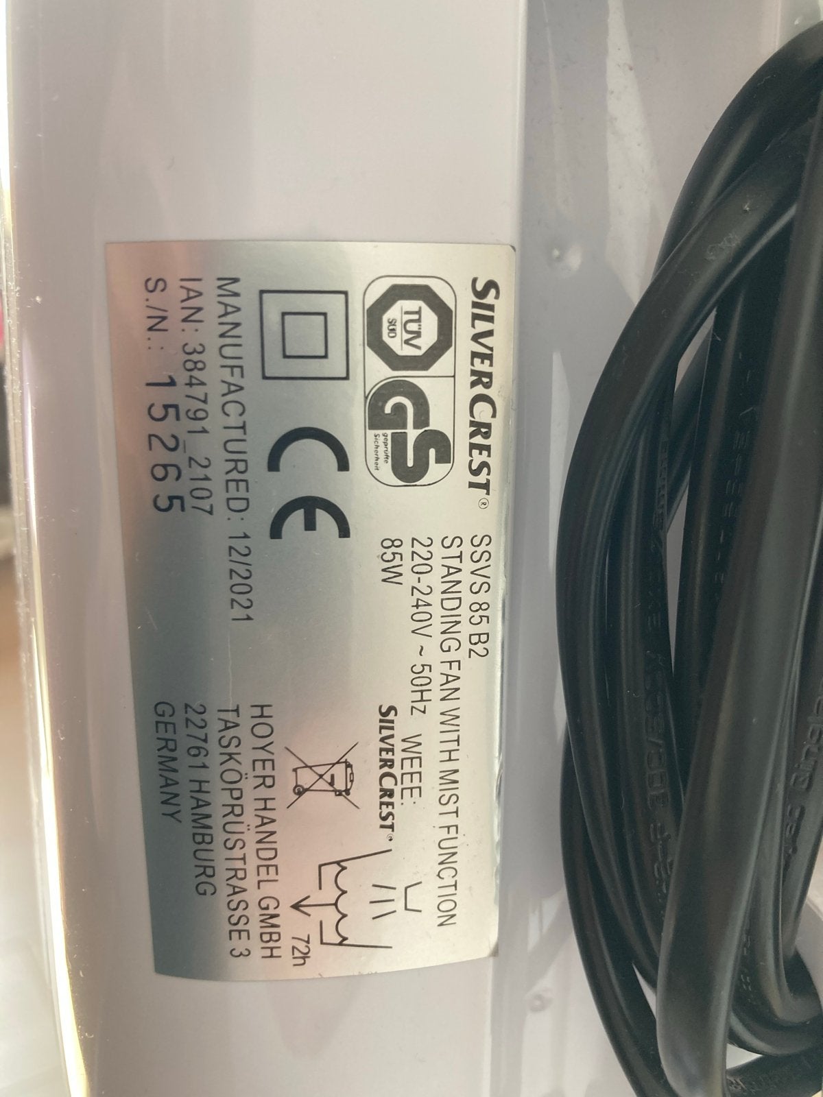 Silvercrest SSVS 85 B2 Ventilator met Mistfunctie, Ophalen of Verzenden, Ventilator met afstandsbediening, Zo goed als nieuw, Statiefventilator