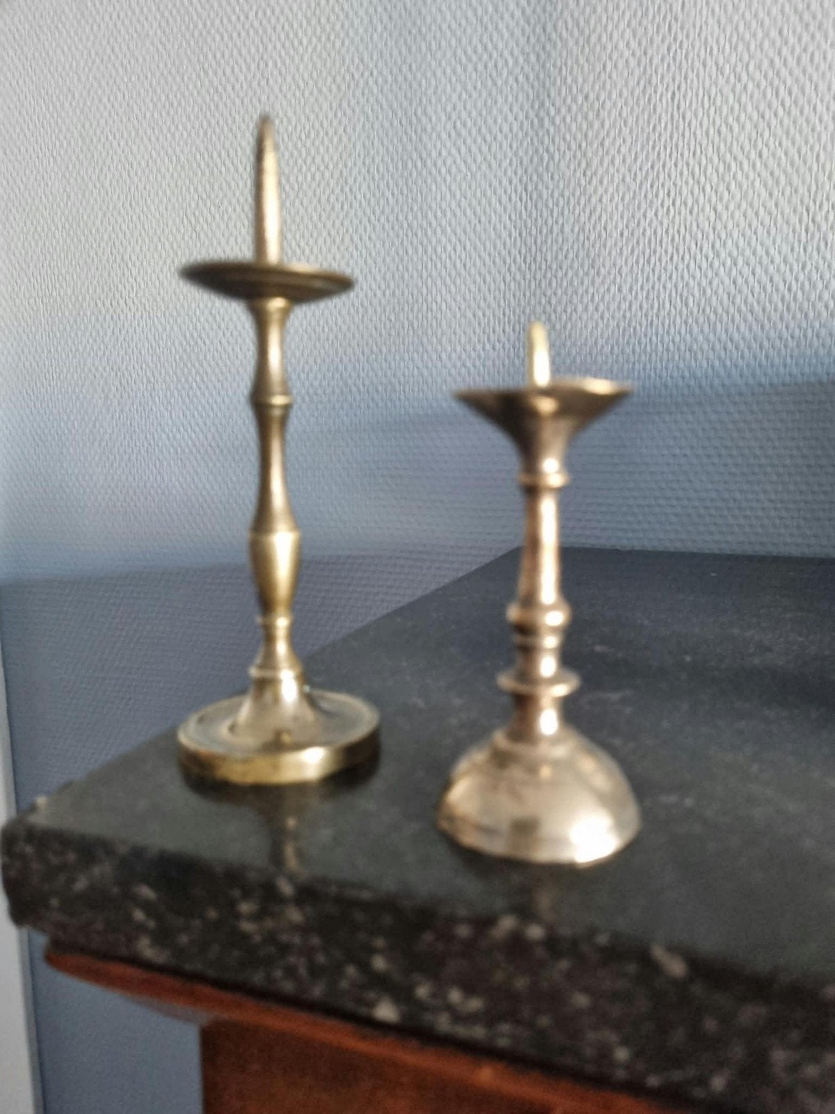 Antieke Messing Miniatuur Penkandelaars - Set van 2, Ophalen, Koper of Brons