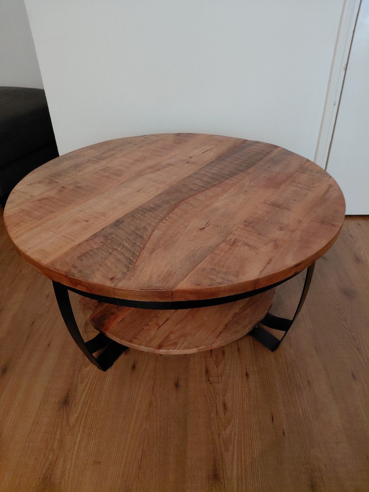 2 Ronde salontafel van 90 en 70 cm doorsnede mangohout, 50 tot 100 cm, Rond, Industrieel, Modern, 50 tot 100 cm