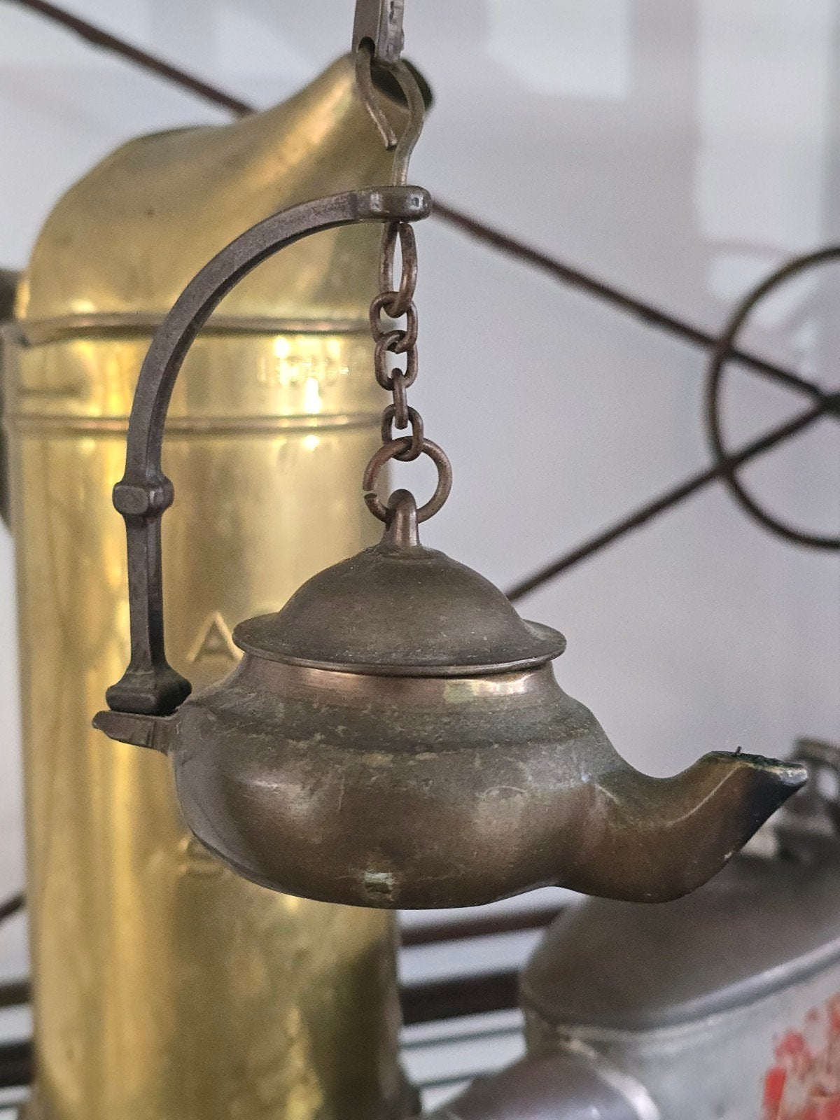 Antieke Franse olielamp, hangende mijnwerkerslamp 19e eeuws, Ophalen of Verzenden, Koper